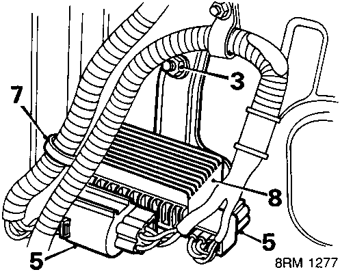 Diagram showing the injectors resistor pack assembly mounted near the firewall, with wiring harnesses and connectors labeled with callout numbers 3, 5, 7, and 8.