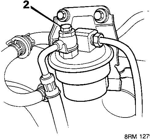 Diagram of a fuel injector mounted on the engine, with a tool engaging the sealing bolt at the top, labeled with callout number 2.