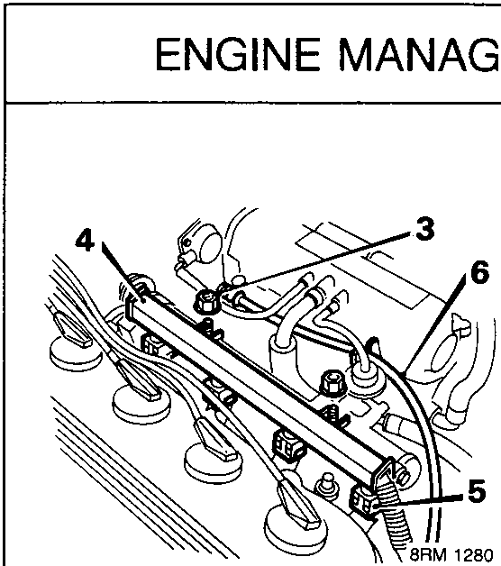 Diagram of fuel rail and harness holder with callout numbers 3, 4, 5, 6