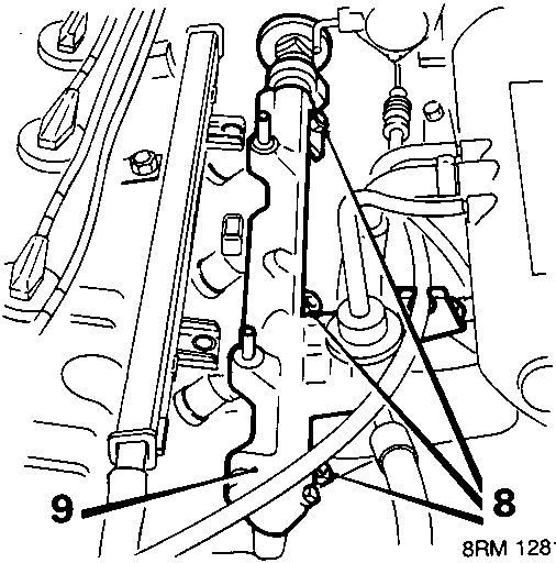 Diagram of fuel rail and injectors for S.O.H.C. engine with callout numbers 8, 9