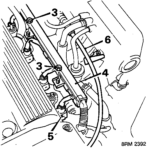 Diagram of fuel rail and harness holder for D.O.H.C. engine with callout numbers 3, 4, 5, 6