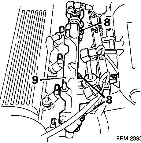 Diagram of fuel rail and injectors for D.O.H.C. engine with callout numbers 8, 9