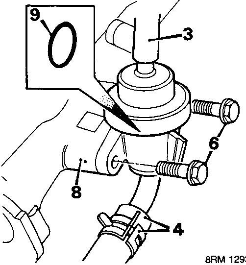 Diagram of the pressure regulator showing vacuum hose, fuel return hose, securing bolts, fuel rail, and O ring.