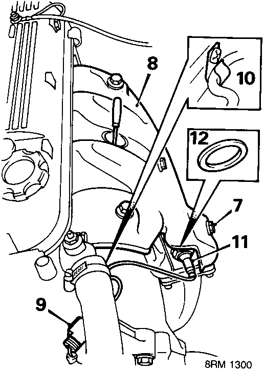 Engine component assembly diagram with labeled parts and installation instructions