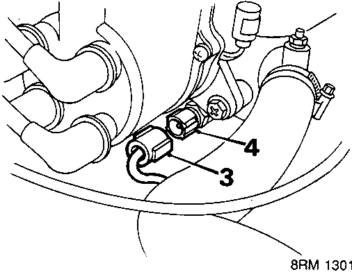 Diagram of engine coolant temperature sensor location showing callout numbers 3 and 4