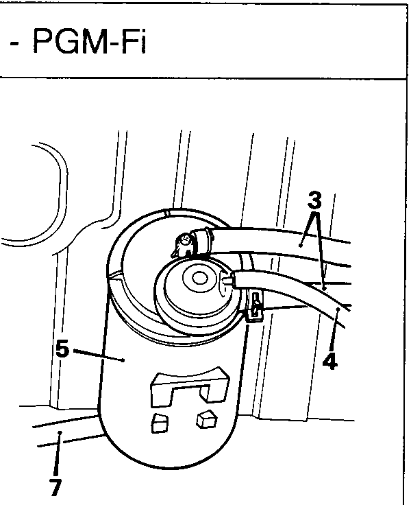 Diagram showing charcoal canister with vent hoses (3), purge control diaphragm valve hose (4), body clip (5), drain hose (7) and canister (4)