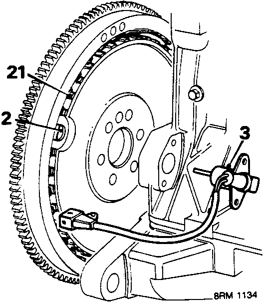 Diagram showing flywheel with reluctor insert (21), missing poles (22), and crankshaft sensor (3) mounted on gearbox adaptor plate