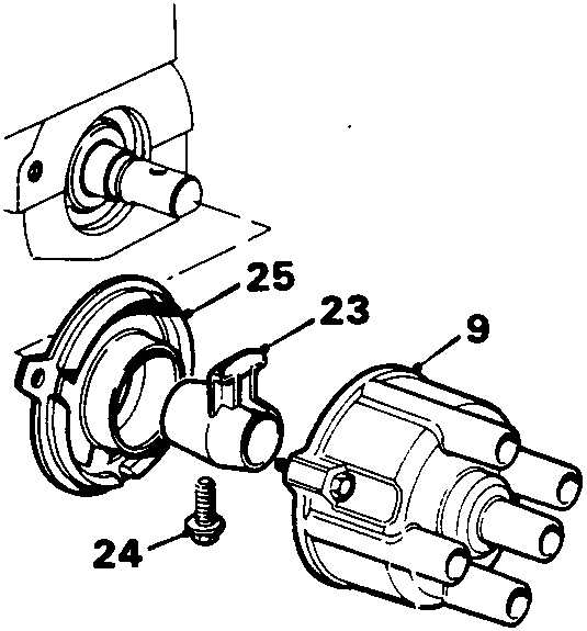Exploded view of the distributor cap (9), rotor arm (23), retaining screw (24), and anti-flash shield (25).