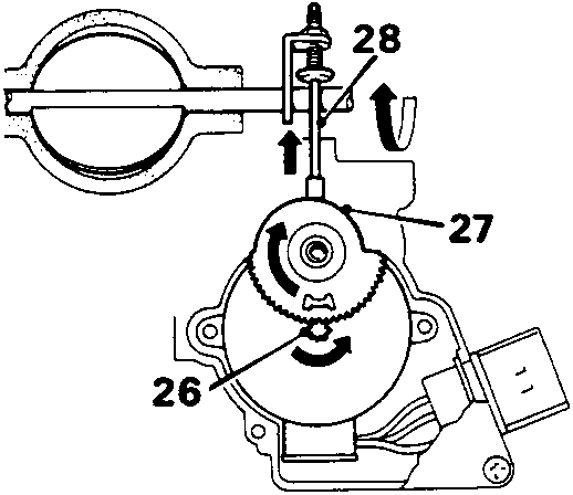 Throttle body assembly showing the stepper motor (26), cam (27), and throttle spindle stop (28).