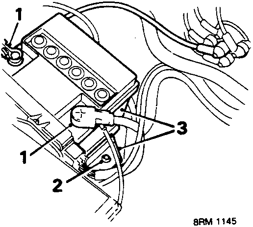 Diagram showing battery location with callout numbers 1, 2, and 3 indicating battery leads and clamp bolt.
