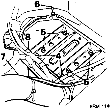 Diagram showing resonator and battery tray area with callout numbers 4 through 8 indicating bolts, wiring clips, and air intake components.