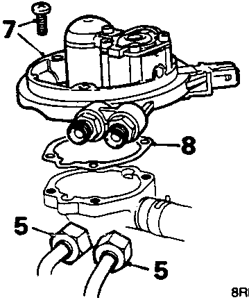 Exploded diagram of an injector housing, throttle body, and fuel pipes with callout numbers 5, 6, 7, and 8