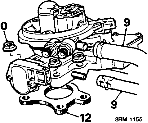 Diagram showing throttle body assembly with breather hose clips, nuts and spacer labeled 9, 10 and 12
