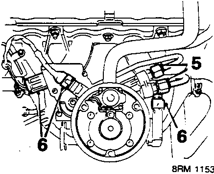 Diagram showing engine components with fuel pipes and electrical connectors labeled 5 and 6