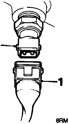 Diagram showing the coolant temperature sensor multiplug (1) being disconnected from the sensor (2).