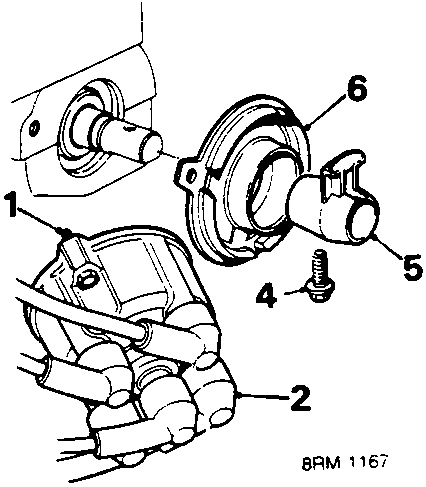 Diagram showing distributor cap and rotor arm assembly with callout numbers 1 through 6