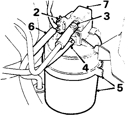 Diagram of the charcoal canister assembly showing connections for hoses and the purge valve, with callout numbers 2 through 7.