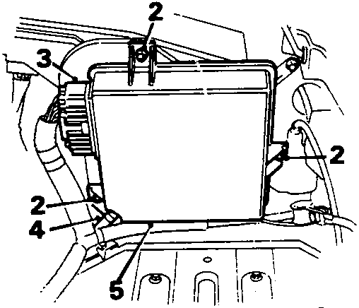 Diagram showing the location of the E.C.U. under the bonnet, with callout numbers 2, 3, 4, and 5 indicating nuts, connectors, and the unit itself.