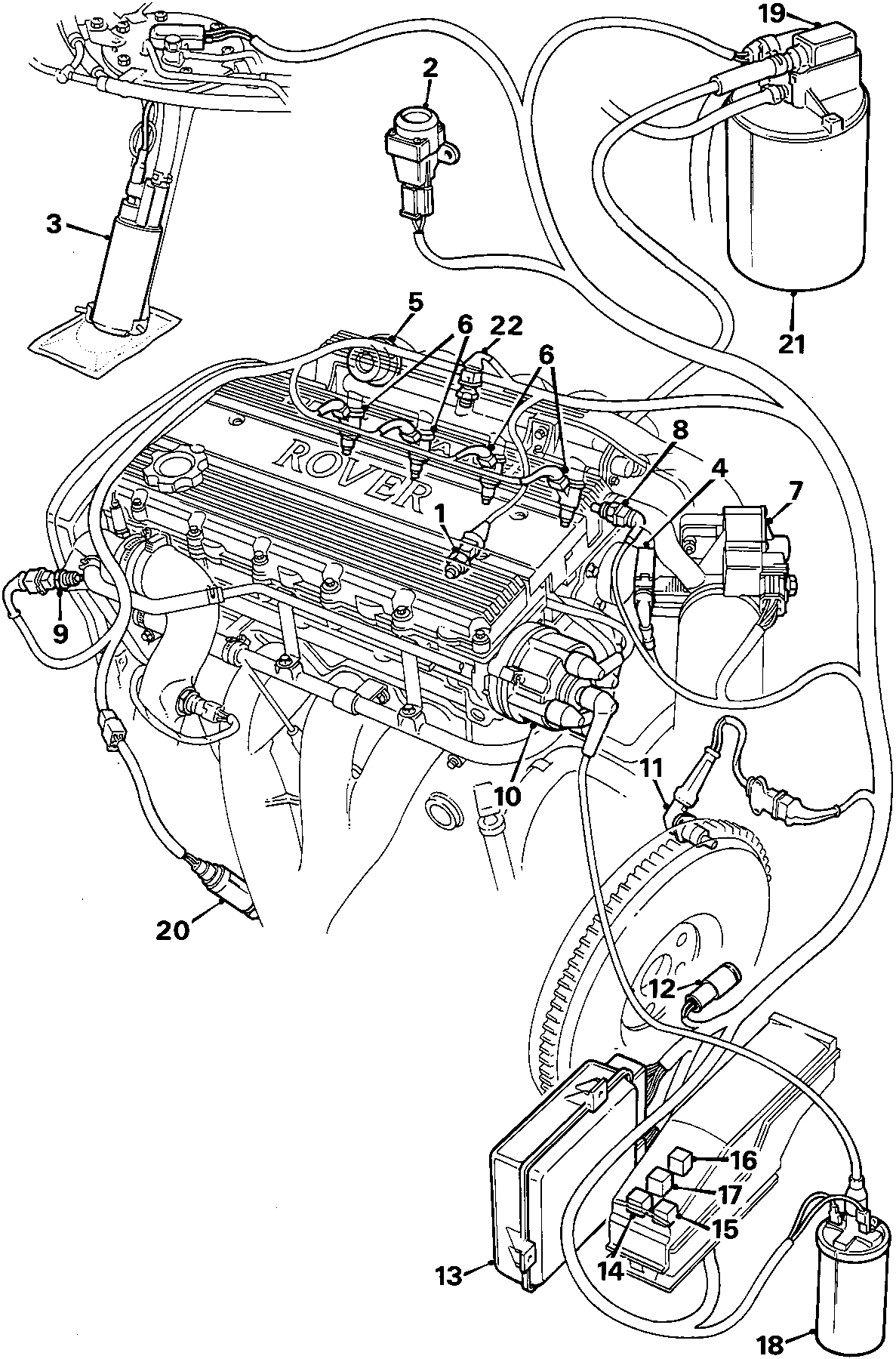 Schematic diagram of the Modular Engine Management System-MPi showing engine components, sensors, ECU, and fuel system with numbered callouts 1 through 22.