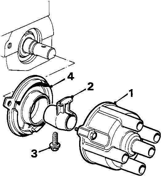 Exploded view of distributor cap, rotor arm, retaining screw, and anti-flash shield with callout numbers 1 through 4