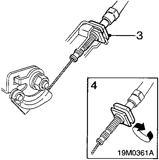 Diagram showing throttle cable adjustment with callout numbers 3 and 4, and figure code 19M0361A