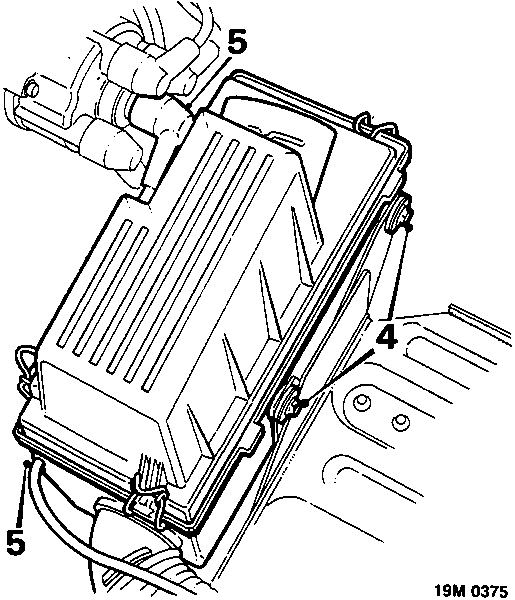 Diagram showing air cleaner assembly on mounting bracket with callout numbers 5, 4, 5