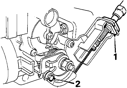 Diagram showing throttle cable adjusting nut and cam connection with callout numbers 1, 2