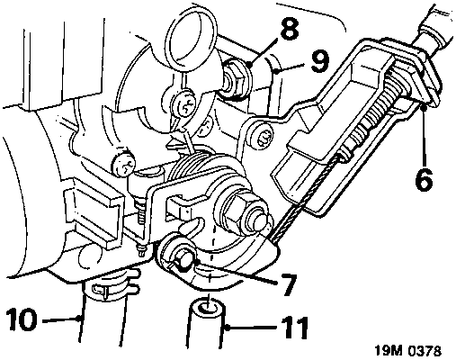 Diagram showing throttle cable and cam assembly with callout numbers 6, 7, 8, 9, 10, 11