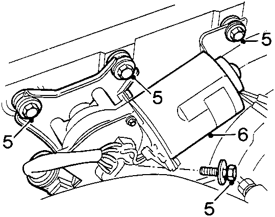 Diagram showing windscreen wiper motor secured to bulkhead with screws