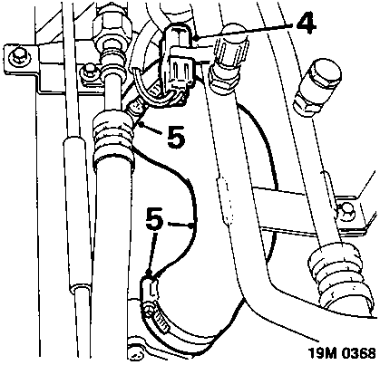 Diagram showing oxygen sensor multiplug and hose connections near intercooler with callout numbers 4 and 5