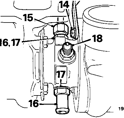 Diagram showing coolant and oil pipe adaptors on turbocharger with callout numbers 14 through 18