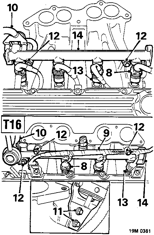 Diagram showing fuel rail and injectors on K16 (top) and T16 (bottom) manifolds with callout numbers 8, 9, 10, 11, 12, 13, 14