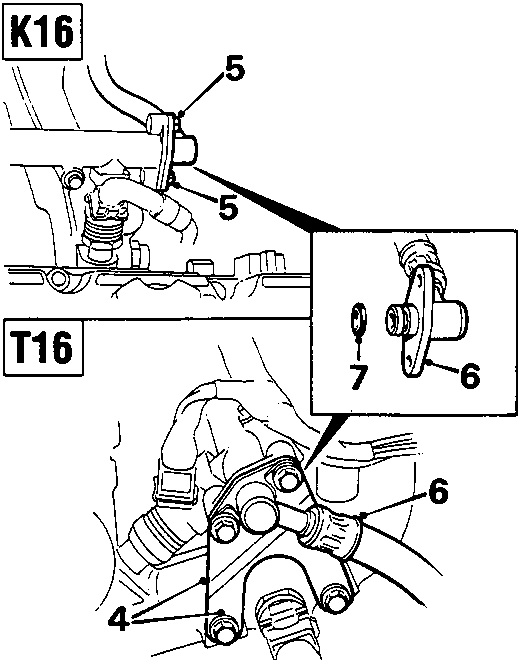 Diagram showing fuel rail support bracket bolts (K16) and fuel feed hose connections (T16) with callout numbers 4, 5, 6, 7