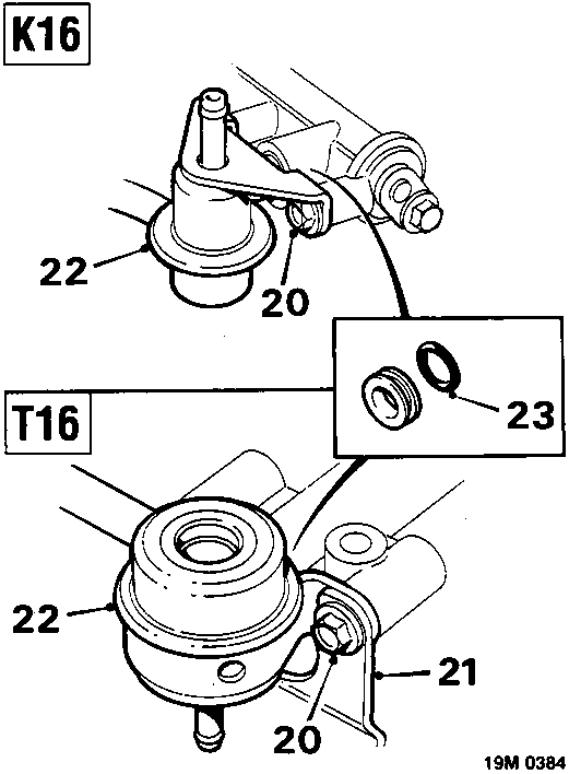 Diagram illustrating the removal of bolts securing the pressure regulator, support bracket, pressure regulator itself, and the spacer/O ring from the fuel rail, with callout numbers 20, 21, 22, and 23.