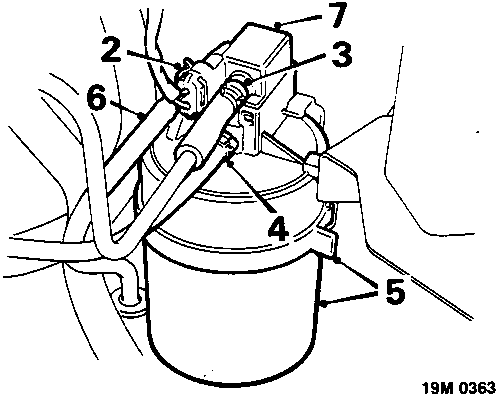Diagram showing charcoal canister assembly with callout numbers 2, 3, 4, 5, 6, and 7