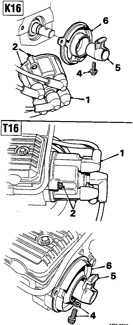 Diagram K16 showing distributor cap, rotor arm, flash shield and H.T. leads with callout numbers 1 through 6