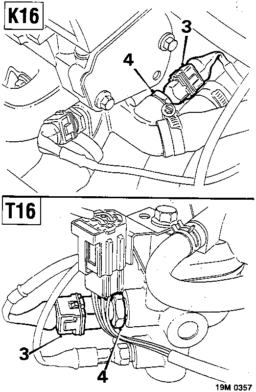 Diagram showing coolant temperature sensor location on K16 engine with callout numbers 3 and 4
