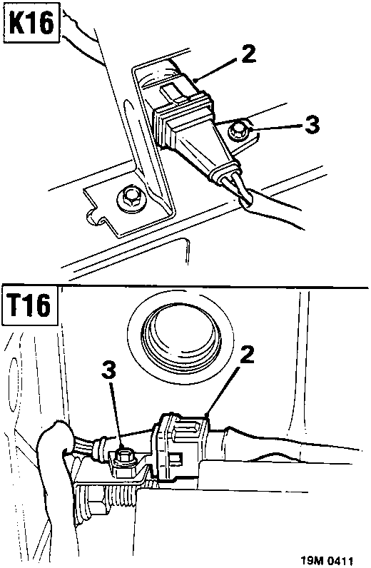 Diagram showing K16 and T16 crankshaft sensor locations with callout numbers 2, 3, and 4