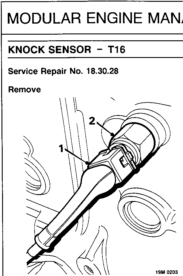 Diagram showing knock sensor (1) and multiplug (2) on the cylinder block