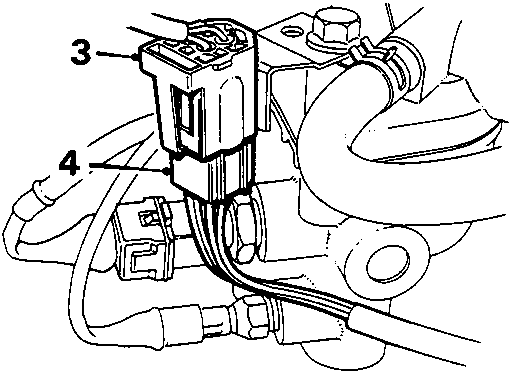 Diagram showing oxygen sensor multiplug and bracket with callout numbers 3 and 4