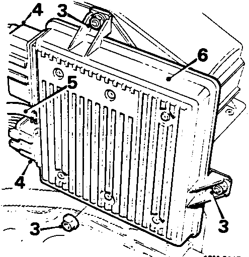 Diagram of the Electronic Control Unit (ECU) showing mounting nuts, multiplug connections, vacuum hose, and securing clips