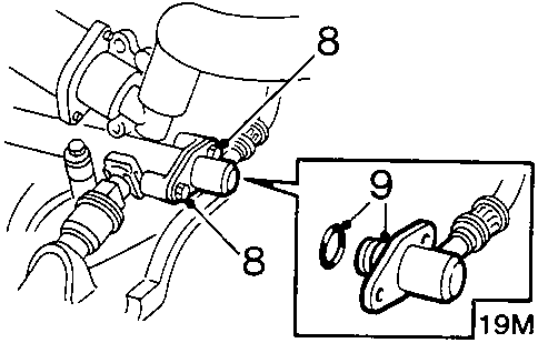 Diagram showing bolts securing fuel feed pipe to fuel rail and fuel feed pipe release point labeled with numbers 8 and 9