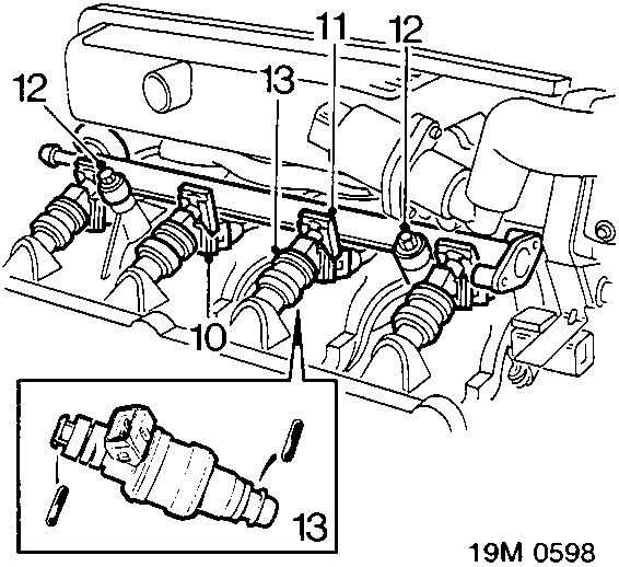 Diagram showing injector multiplug, spring clip, bolts securing fuel rail, injectors, and protective caps labeled with numbers 10 through 13