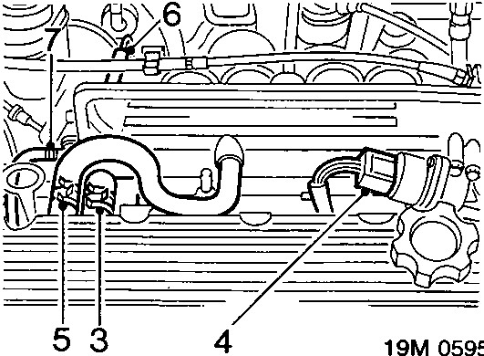 Diagram showing throttle housing breather hose, stepper motor multiplug, inlet manifold breather hose, vacuum pipe, and fuel return hose labeled with numbers 3 through 7