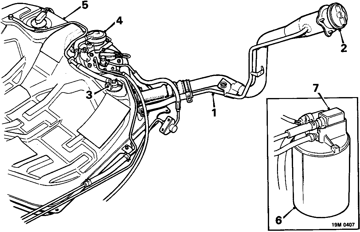 Diagram of the fuel tank breathing system showing the filler neck breather pipe, filler cap, cut-off valve, two-way valve, fuel tank, charcoal canister, and purge control valve.