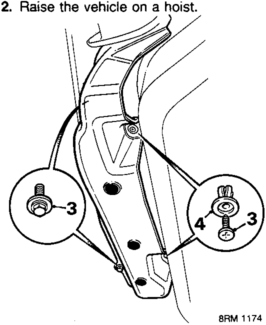 Diagram showing hose shield removal with bolts and screws labeled 3 and 4.