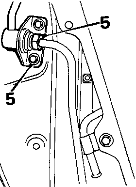 Diagram showing fuel feed union and bolts labeled 5 securing hose union to vehicle body.