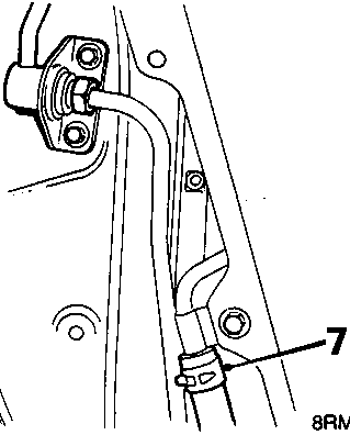 Diagram showing drain hose connection to tank line with clip labeled 7.