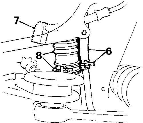 Diagram showing filler neck breather hose clip labeled 7, tank breather labeled 8, and clip labeled 6.