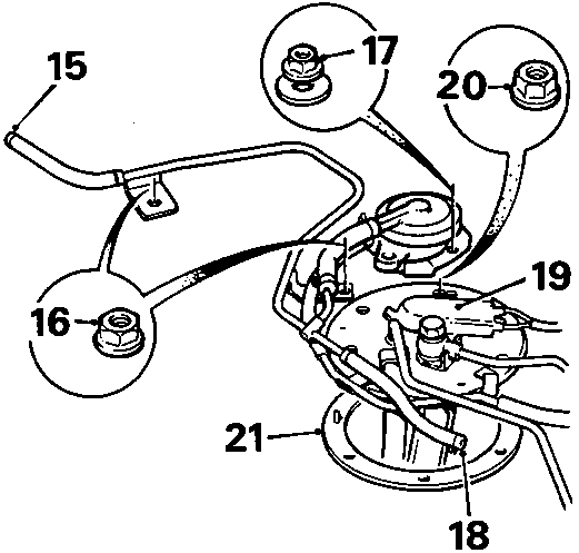 Diagram showing fuel tank vent and pump assembly with callout numbers 15 through 21